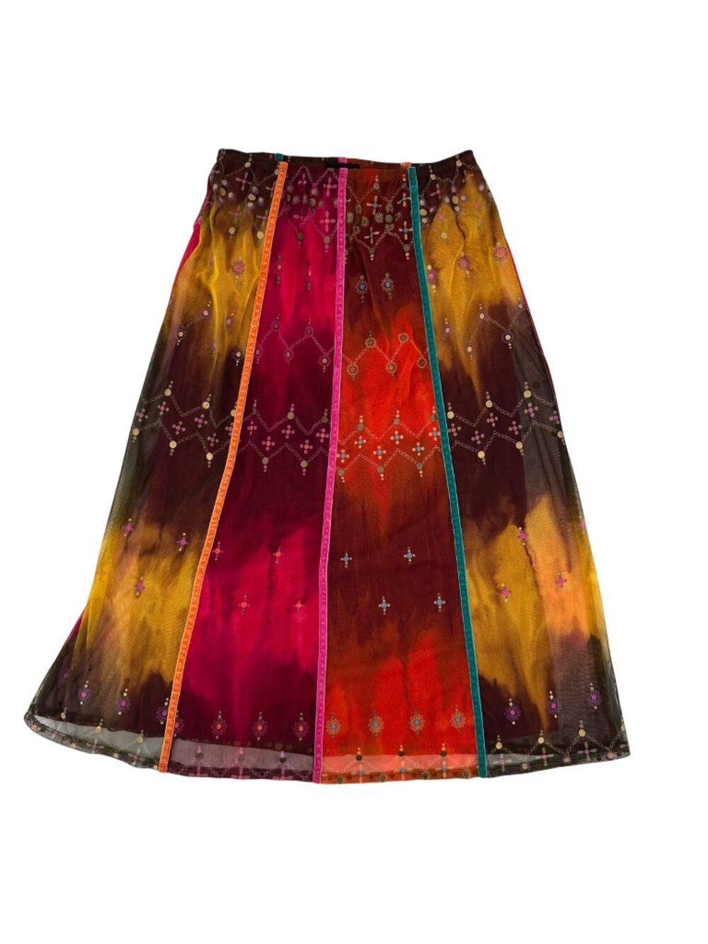 West End Womens Boho Multicolor Elastic Waist Sheer Lined Midi Skirt Small